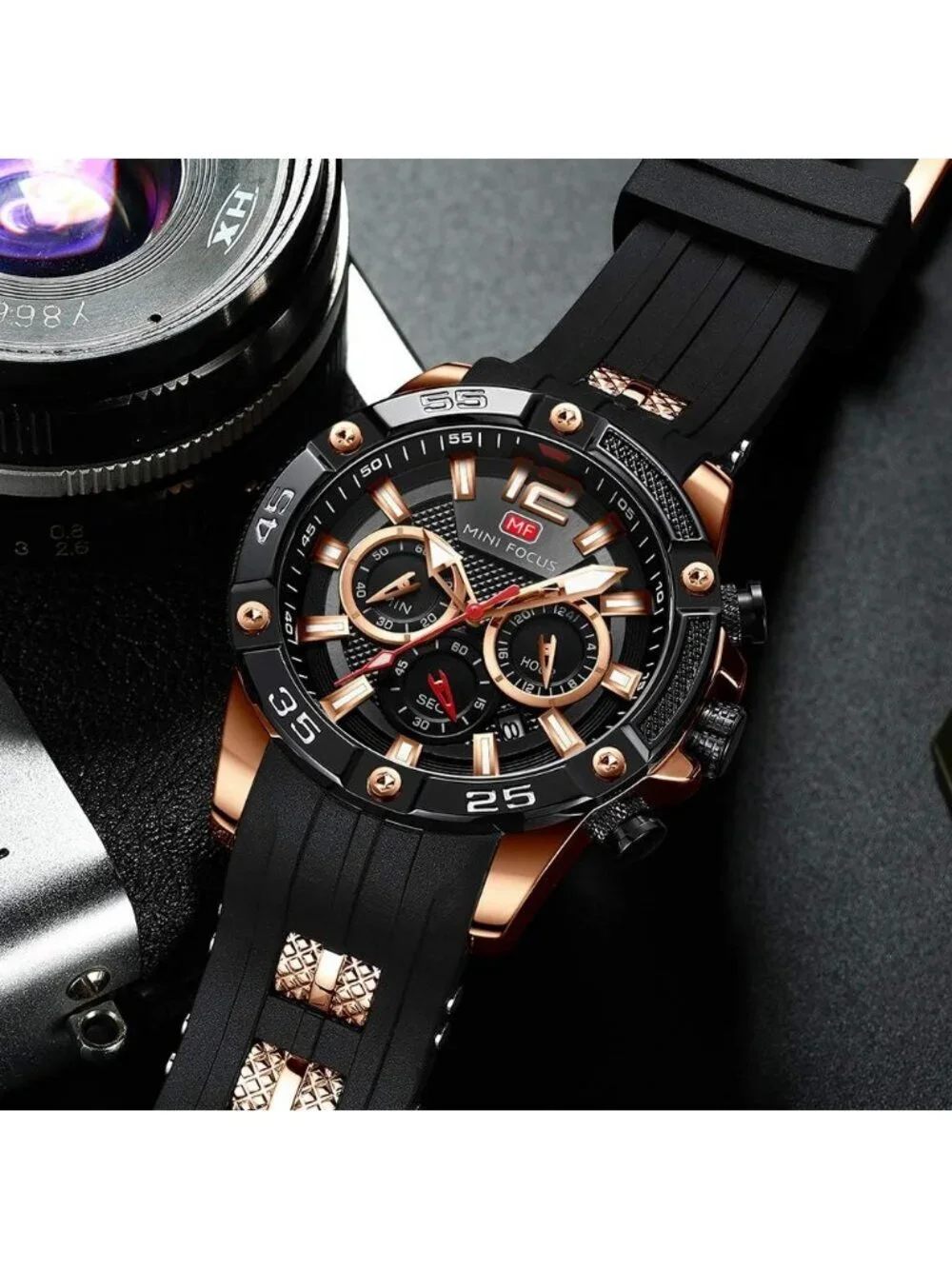 Men's Rose Gold Black Analog Quartz Waterproof Chronograph Stylish Casual Watch
